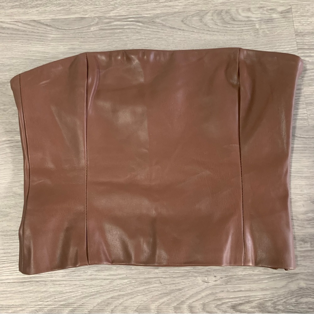 Meshki Pamela faux‎ leather strapless brown crop top size S